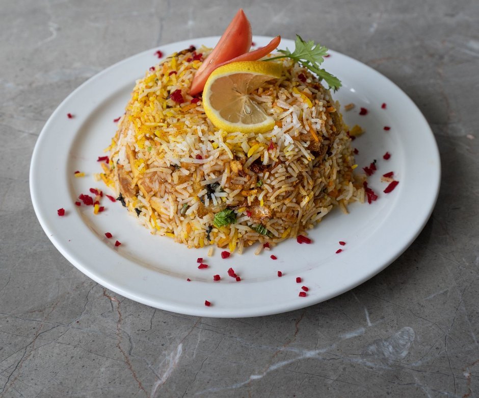 Fragrant layered biryani rice dish