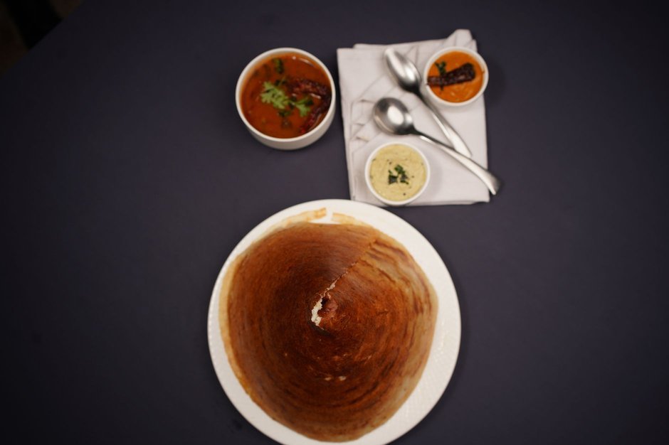 Crisp South Indian dosa with sambar and chutney