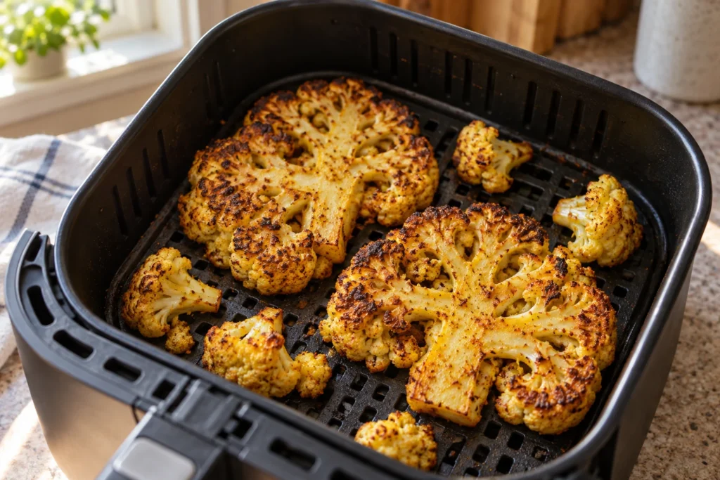 Cauliflower steaks arranged flat in an air fryer basket