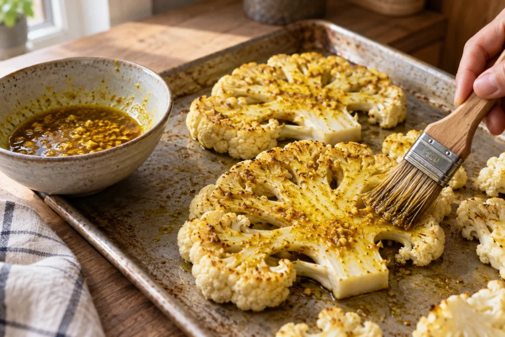 Spiced turmeric-garlic oil brushed across both sides of cauliflower
