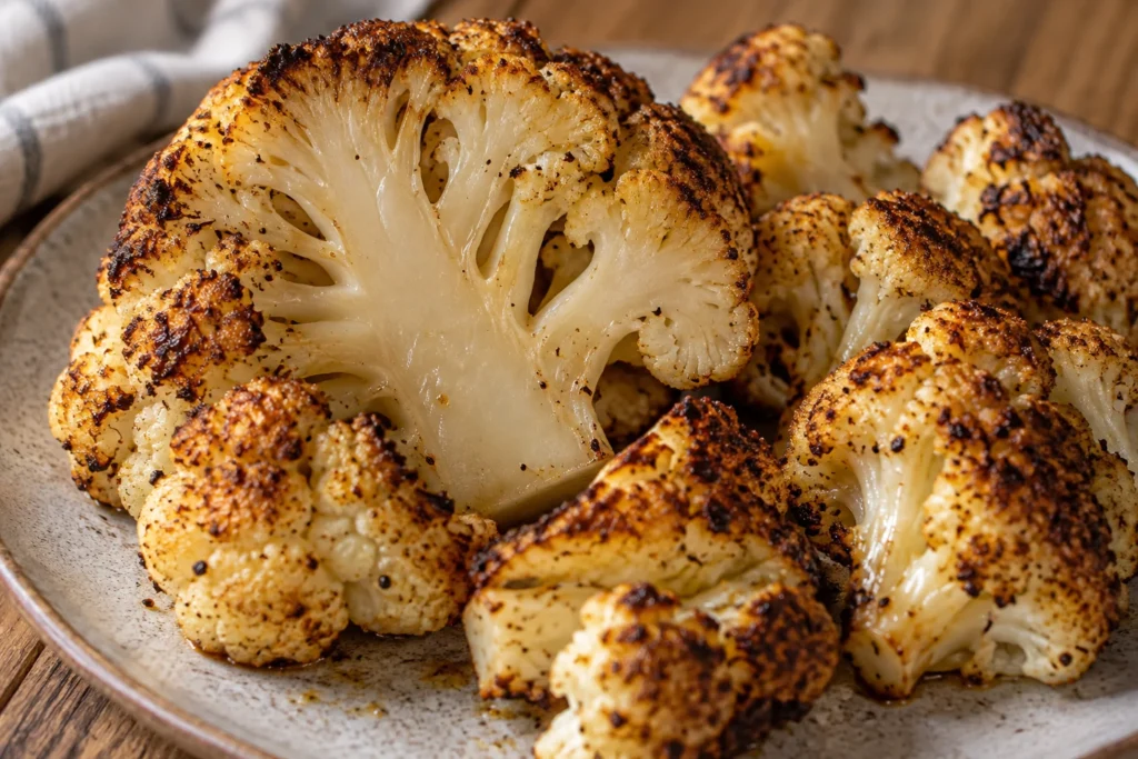 Tender cauliflower core and browned spice-coated florets in close view