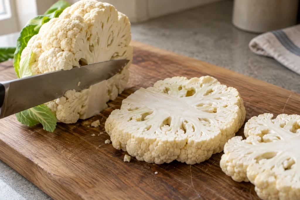 Thick center cauliflower slabs cut through the intact core