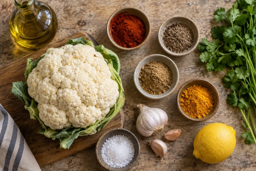 Whole cauliflower, oil, paprika, cumin, coriander, turmeric, garlic, lemon, salt, and cilantro overhead