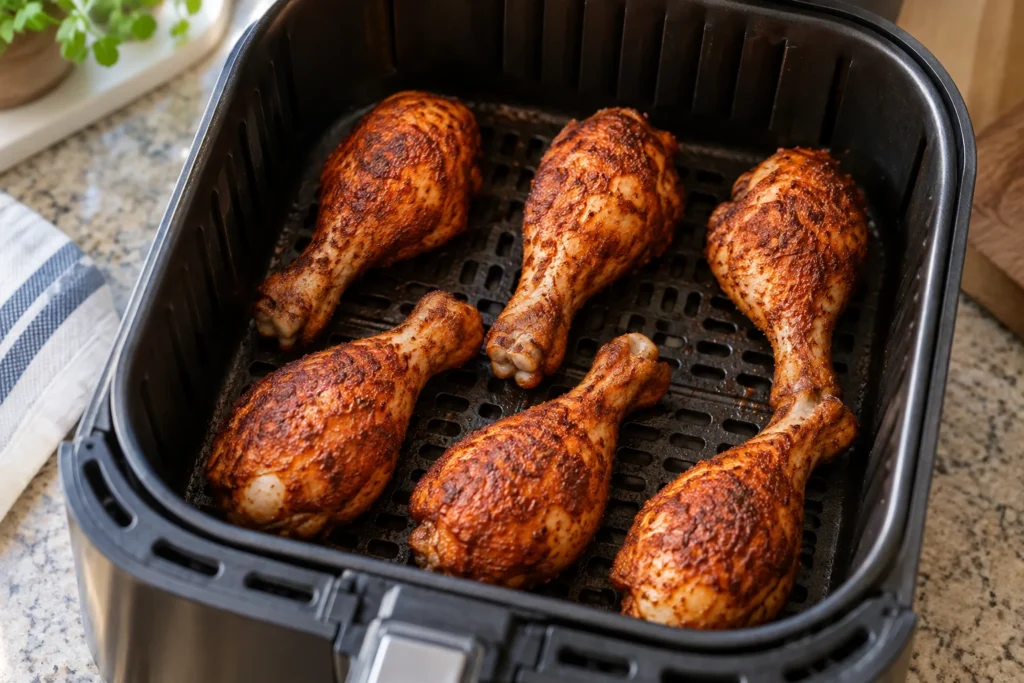 Six chicken drumsticks spaced in one layer in an air fryer basket