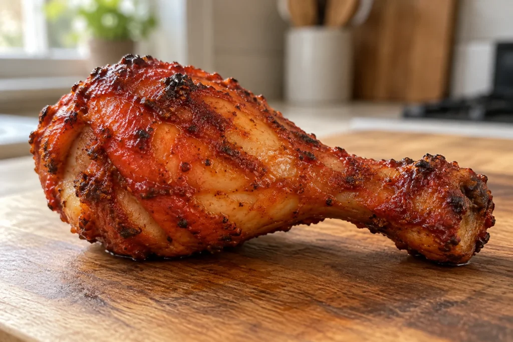 Juicy cooked chicken beside the bone with a browned tikka-spiced exterior