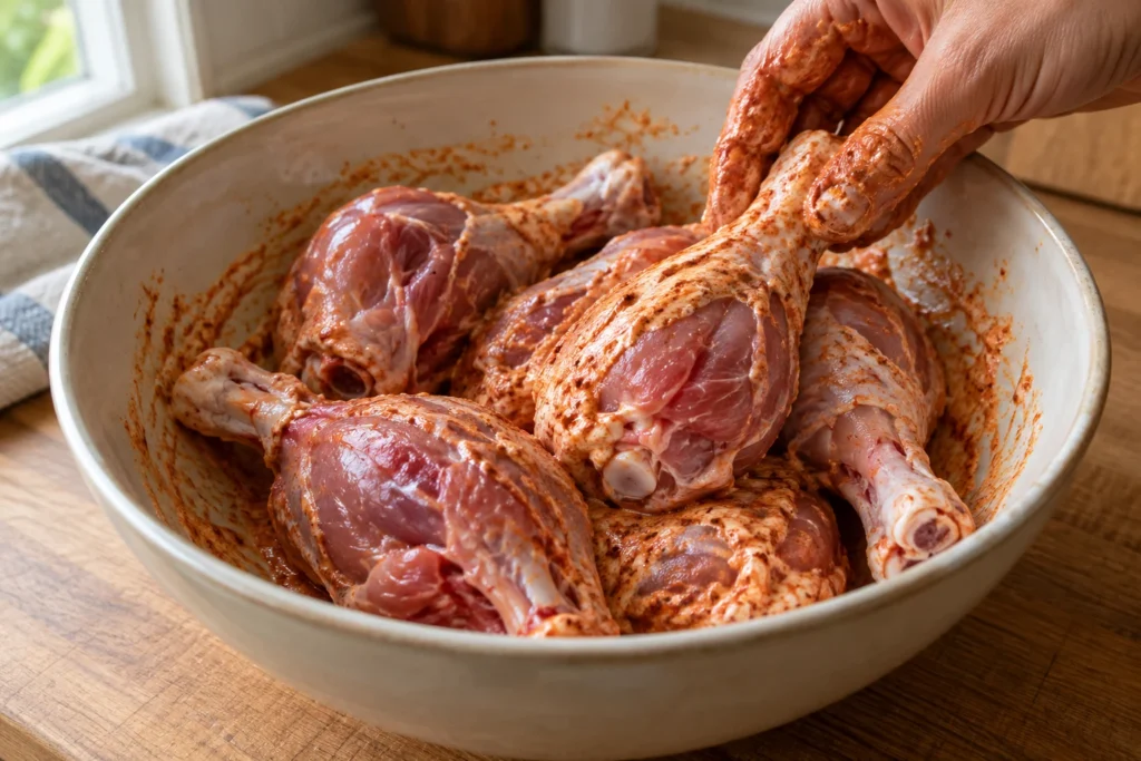 Chicken drumsticks covered with a thin red yogurt-spice coating