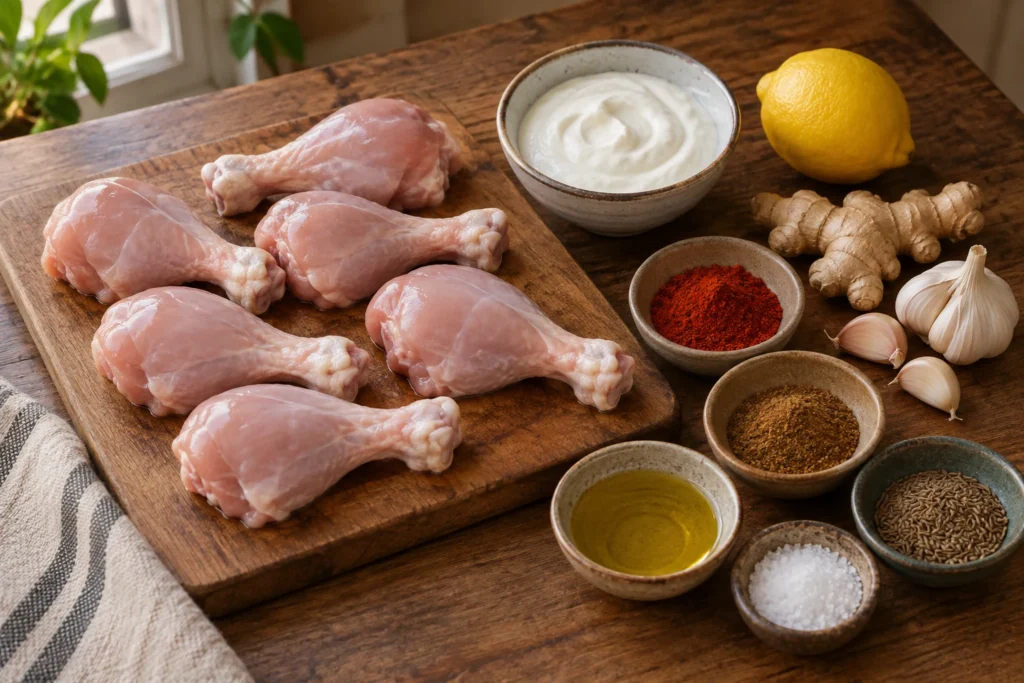 Chicken drumsticks, Greek yogurt, lemon, ginger, garlic, Kashmiri chile, garam masala, cumin, oil, and salt overhead