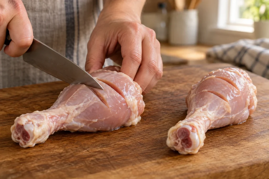 Shallow diagonal cuts made in the thick side of skinless chicken drumsticks