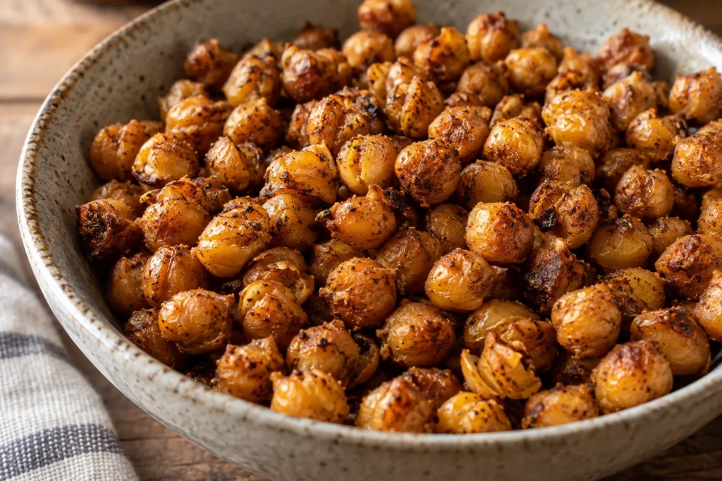 Close view of blistered crisp chickpea skins coated with spices