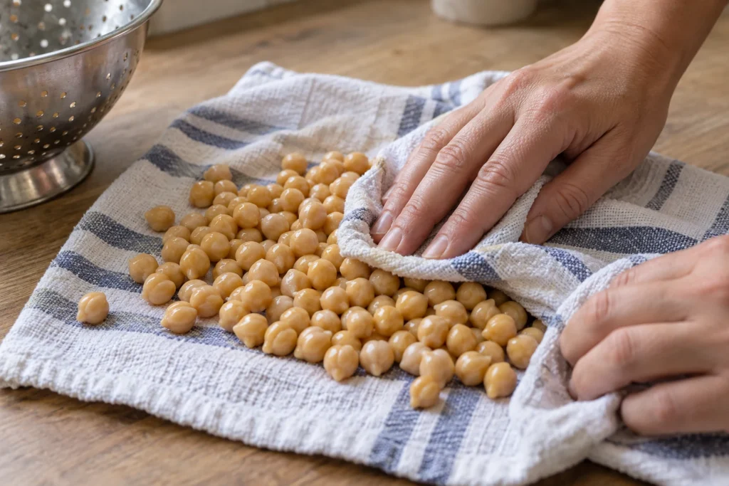Rinsed canned chickpeas being rubbed thoroughly dry on a kitchen towel