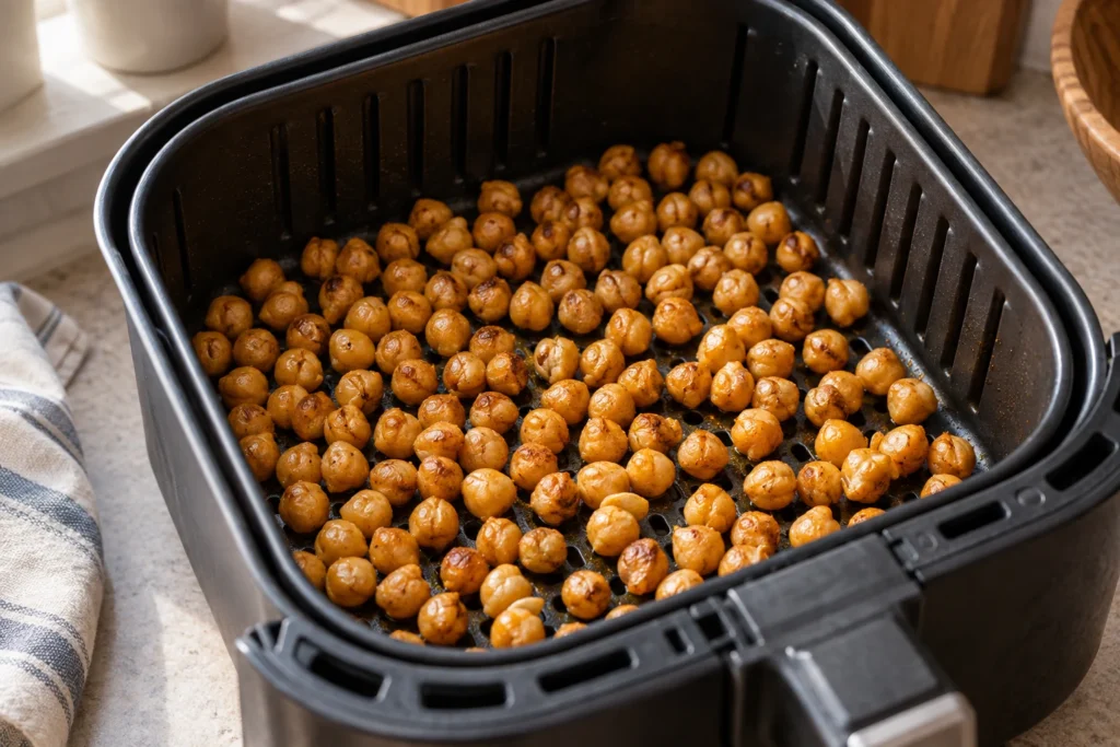 Plain oiled chickpeas roasting in a single layer in an air fryer basket