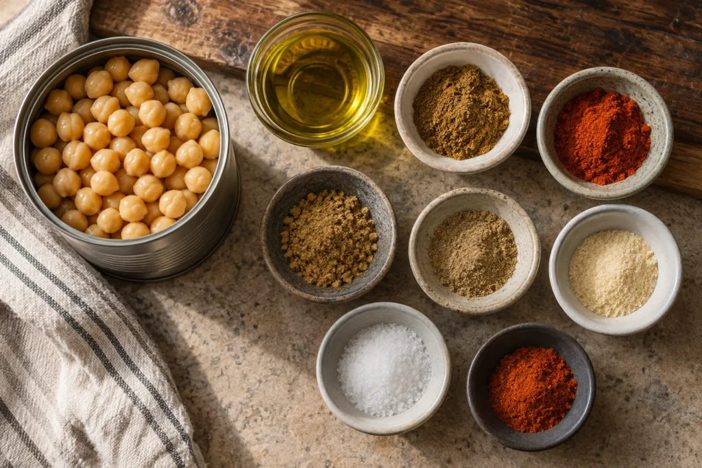 Canned chickpeas, oil, cumin, paprika, coriander, chaat masala, garlic powder, salt, and cayenne overhead