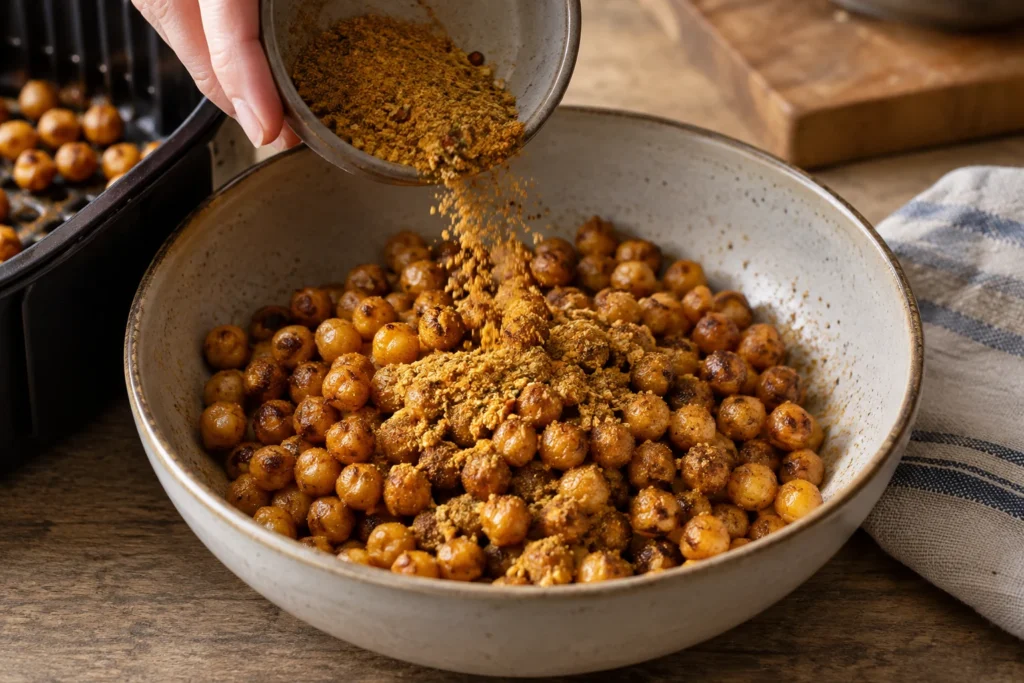 Hot roasted chickpeas being tossed with a fine Bombay spice blend