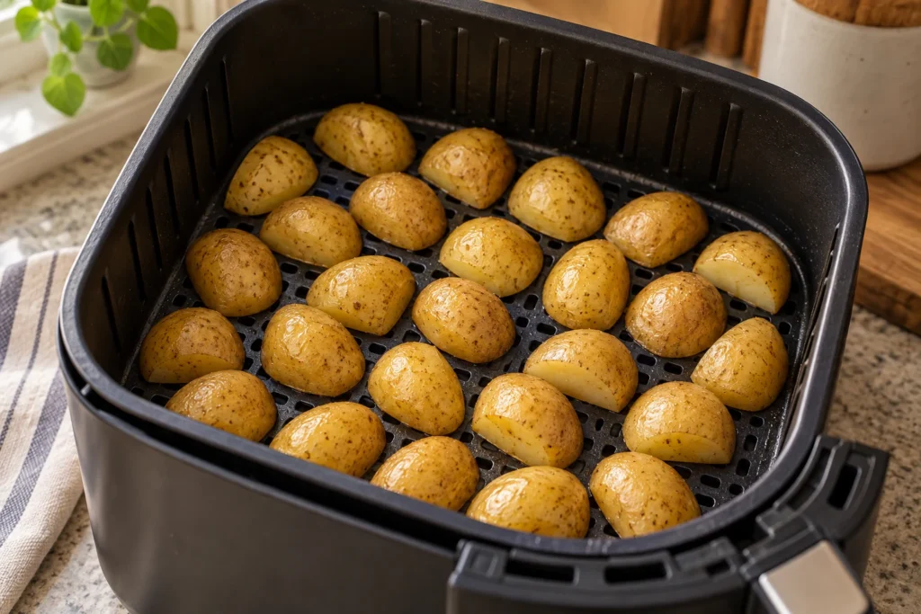 Baby potatoes arranged cut-side down in one layer in an air fryer basket