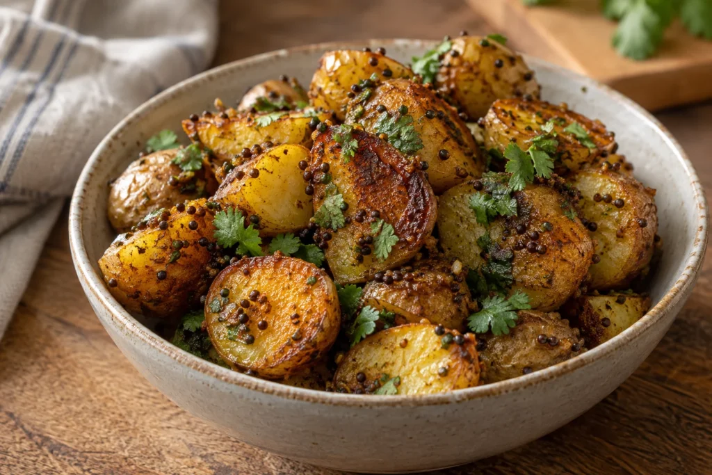 Deeply browned potato cut face with mustard seeds and cilantro