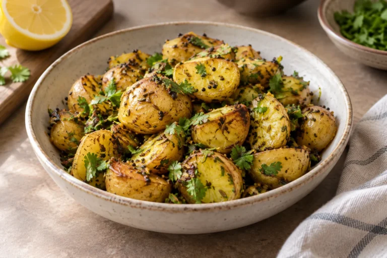 Crisp halved baby gold potatoes with mustard seeds, cumin, turmeric, lemon, and cilantro