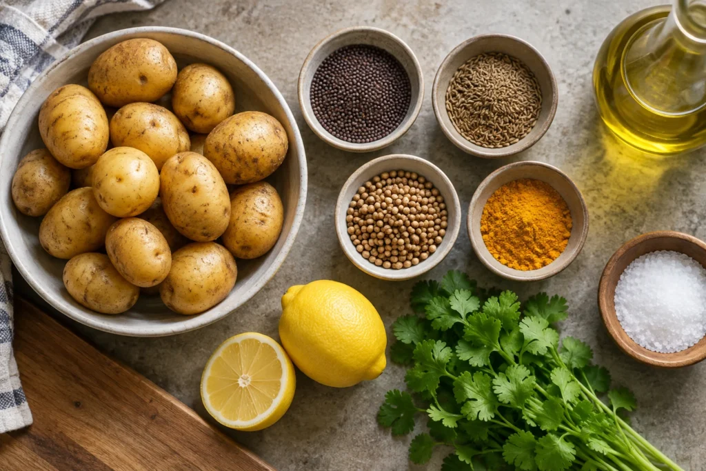 Baby gold potatoes, mustard seeds, cumin, coriander, turmeric, lemon, cilantro, oil, and salt overhead