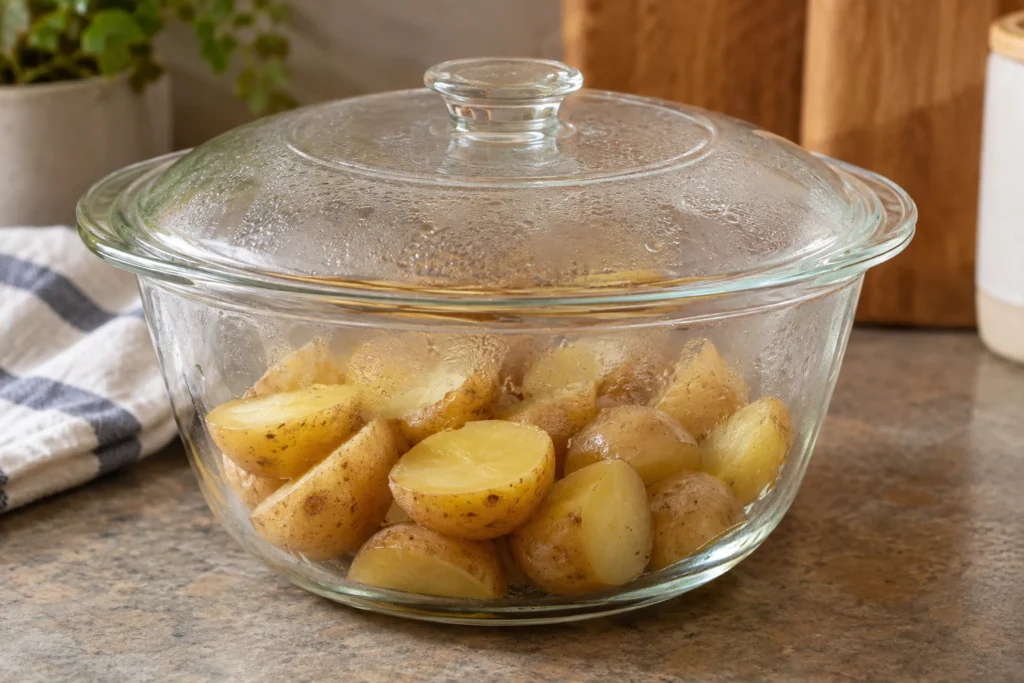 Halved baby potatoes in a covered microwave-safe bowl
