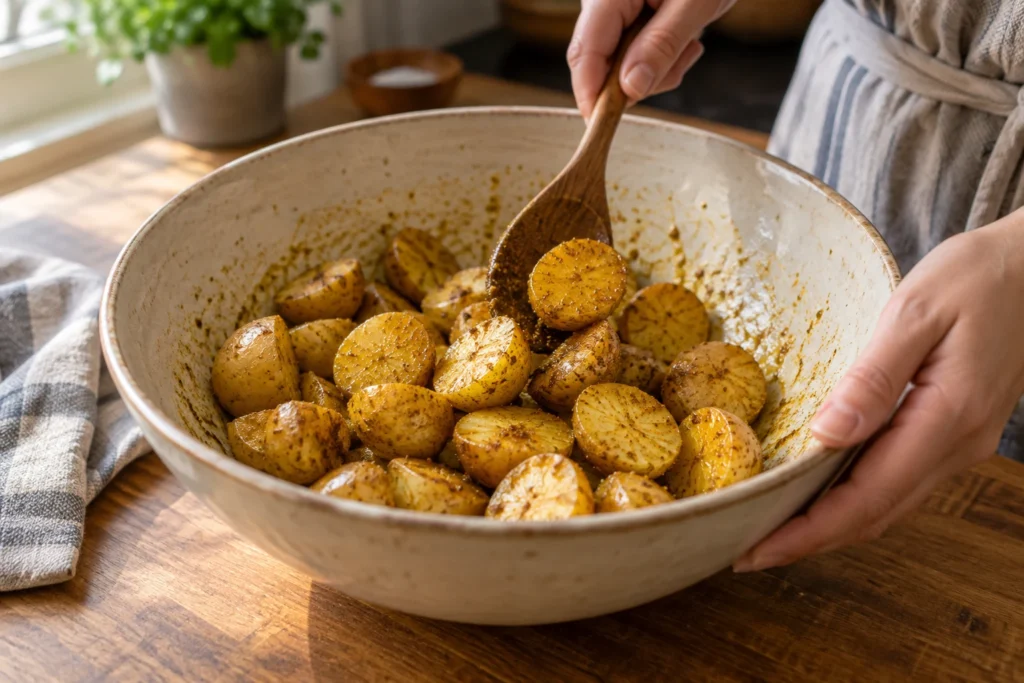 Par-cooked dry potatoes tossed with cumin, coriander, turmeric, salt, and oil
