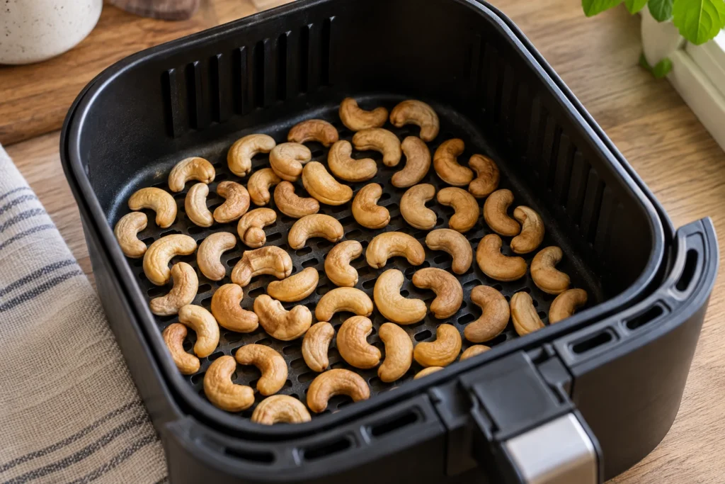 Whole cashews in one layer in an air fryer basket
