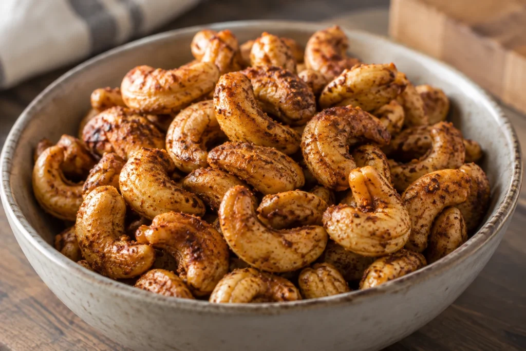 Close view of lightly blistered golden cashews with fine red-brown spice coating