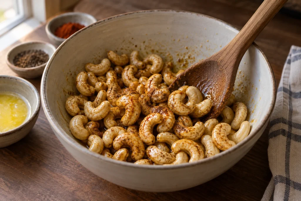 Raw cashews tossed lightly with melted ghee and spices