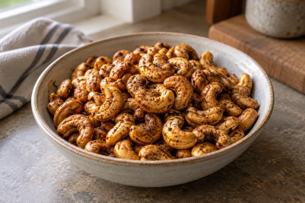 Golden roasted whole cashews coated with cumin, paprika, garam masala, and black salt