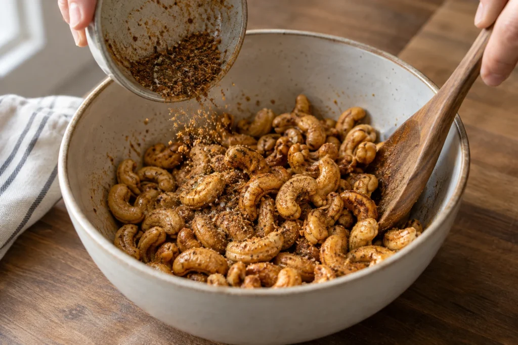 Warm golden cashews being tossed with the remaining spice blend