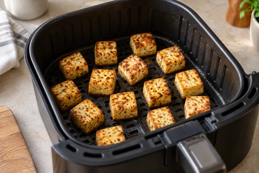 Paneer cubes spaced in one layer in an air fryer basket