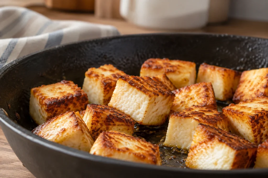 Crisp golden paneer corner and tender white center in close view