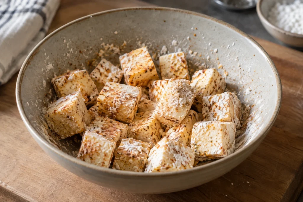 Paneer cubes with a thin dry-looking cornstarch and spice coating