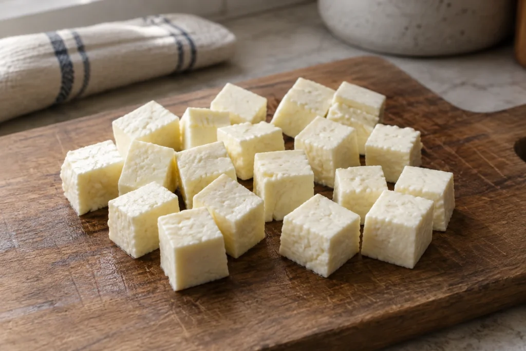 Even bite-size paneer cubes arranged on a board