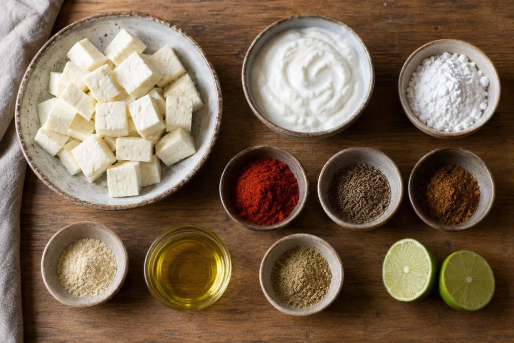 Paneer, Greek yogurt, cornstarch, Kashmiri chile, cumin, garam masala, garlic powder, oil, chaat masala, and lime overhead