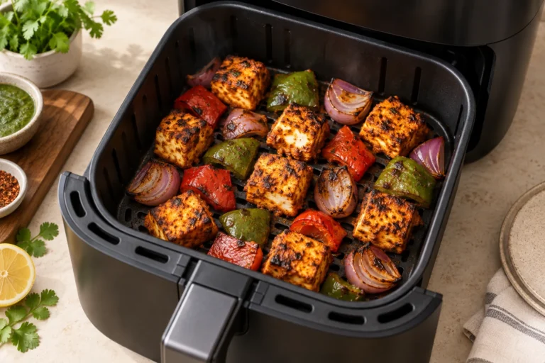 Open air fryer basket filled with charred paneer tikka cubes, red and green bell peppers, and red onion