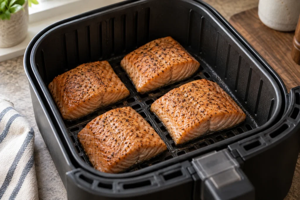 Four salmon fillets spaced skin-side down in an air fryer basket