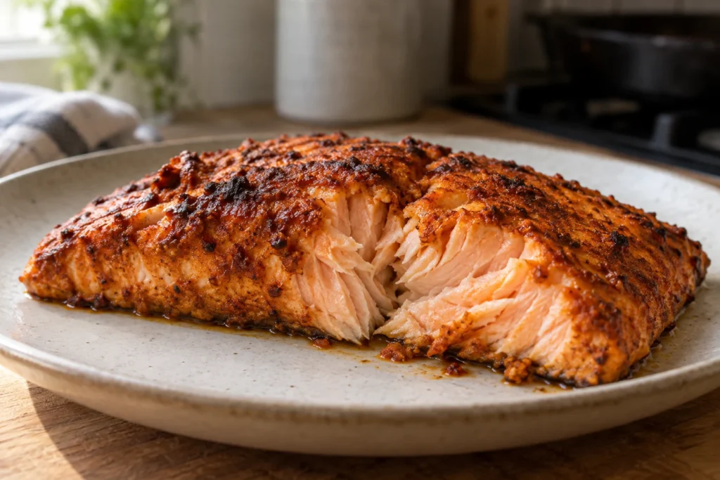 Flaky salmon center beneath a browned red-orange tikka coating
