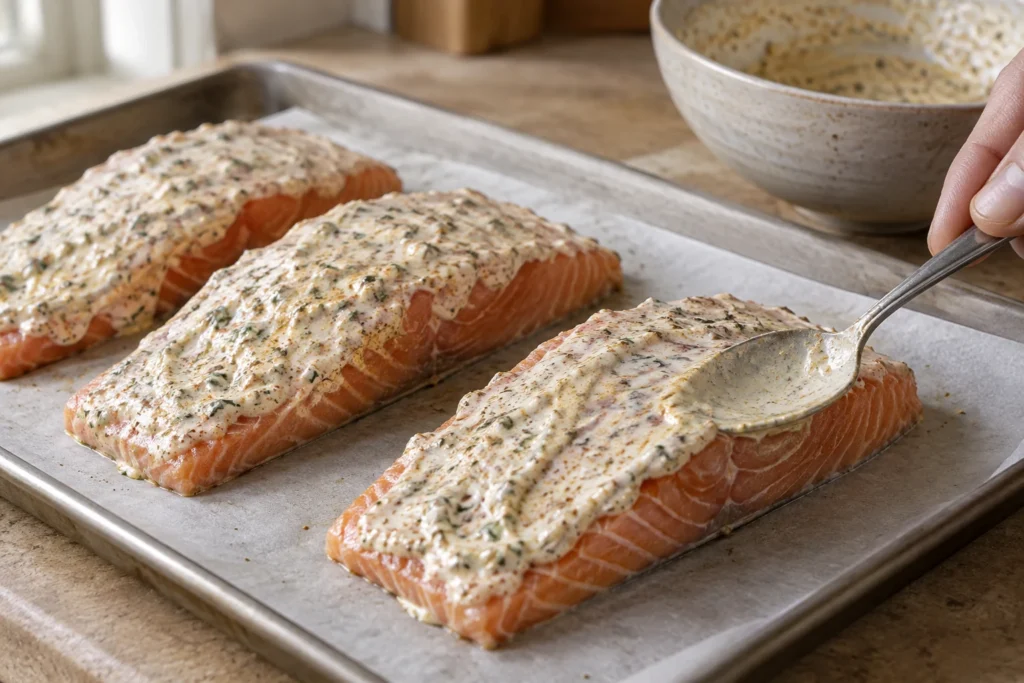 Thin yogurt and spice coating spread over salmon fillets