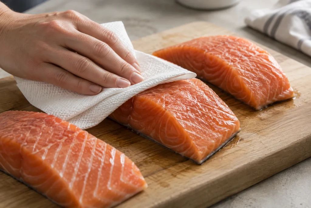 Salmon fillets being blotted dry before seasoning