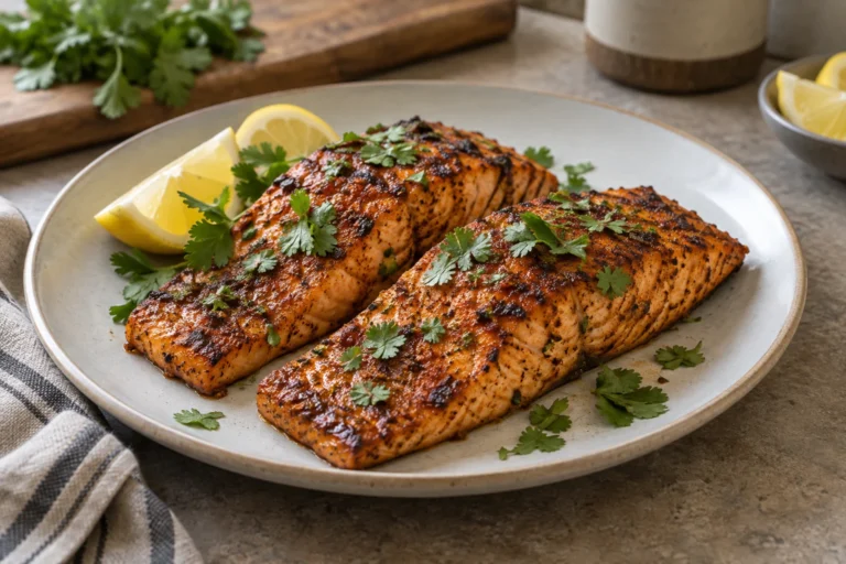 Salmon tikka fillets with a lightly charred paprika-cumin crust, lemon, and cilantro