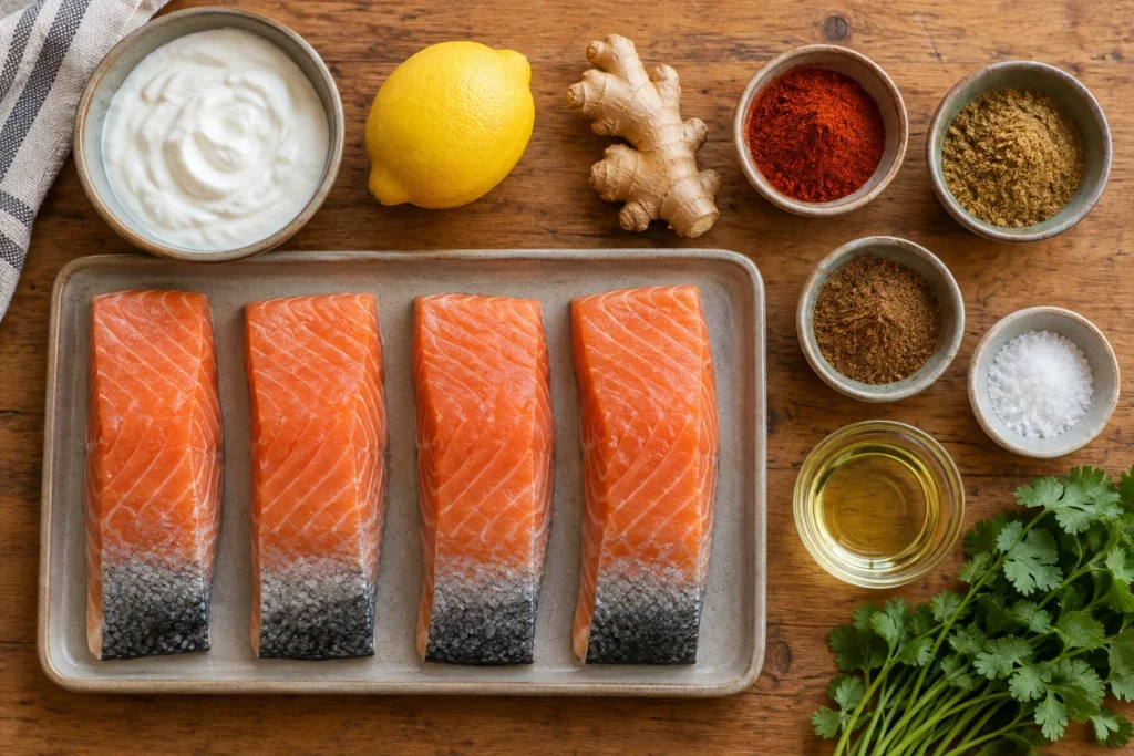 Salmon fillets, Greek yogurt, lemon, ginger, paprika, cumin, garam masala, salt, oil, and cilantro overhead