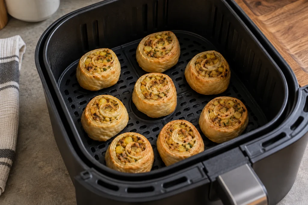 Eight samosa pinwheels arranged cut-side down with space in an air fryer basket