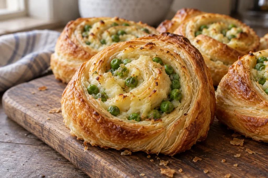 Flaky golden crescent layers around a potato and green pea spiral
