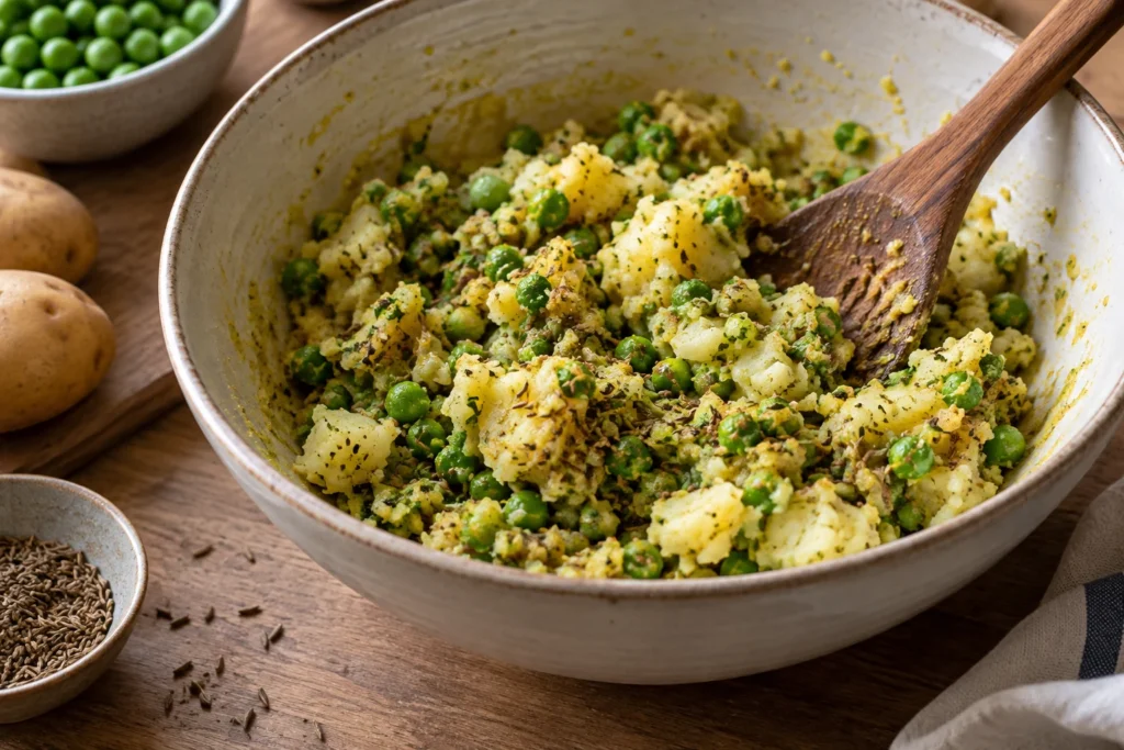 Firm mashed potato and pea filling mixed with toasted cumin and spices