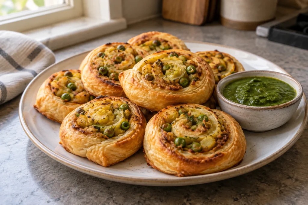 Golden crescent-dough samosa pinwheels with visible potato-pea spirals and chutney