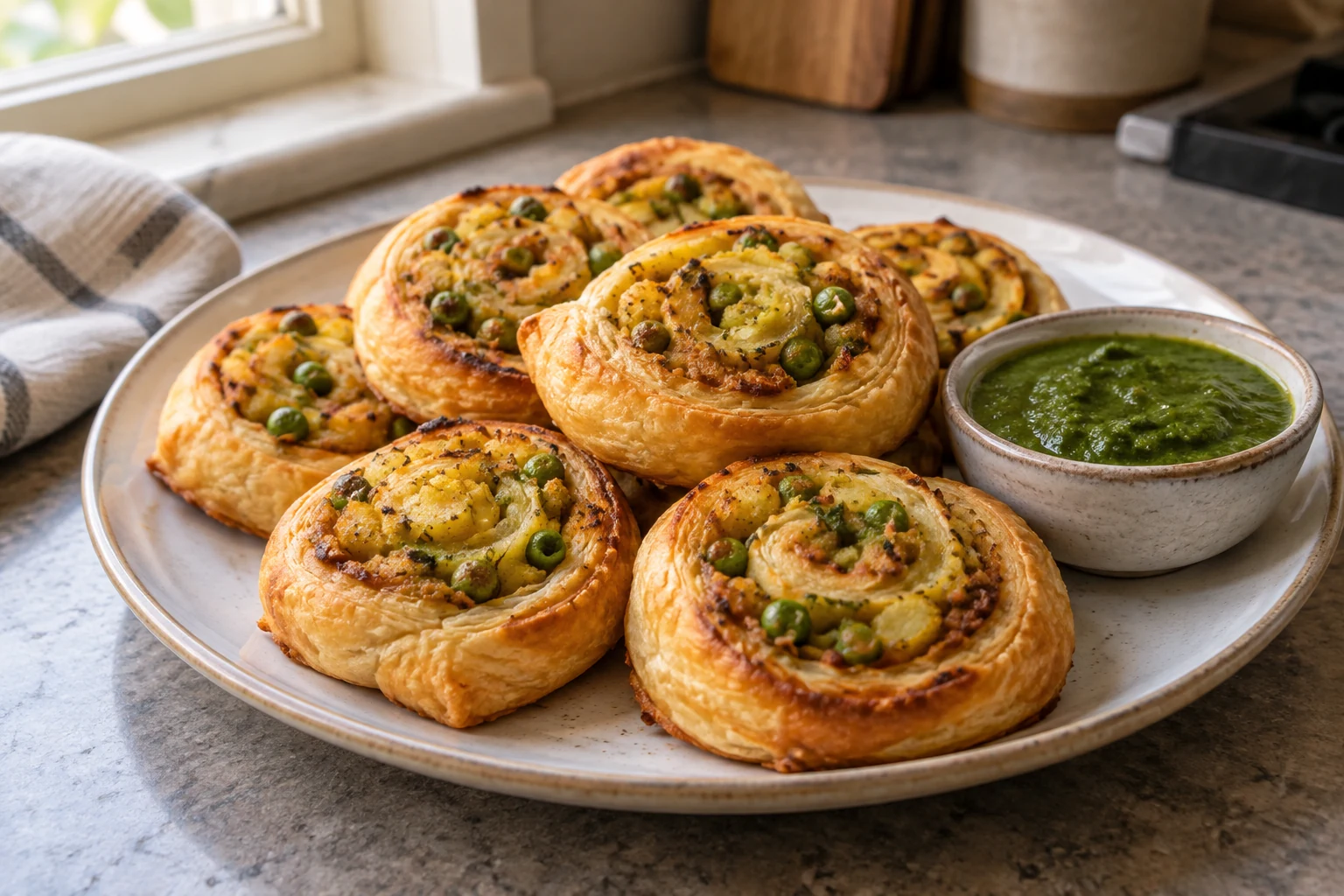 Golden crescent-dough samosa pinwheels with visible potato-pea spirals and chutney