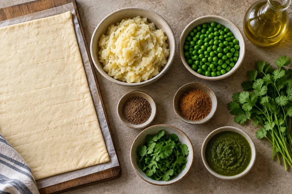 Crescent dough sheet, prepared mashed potatoes, peas, cumin seeds, garam masala, coriander, cilantro, oil, and chutney overhead