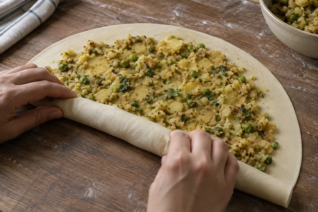 Thin samosa filling spread over crescent dough being rolled into a log
