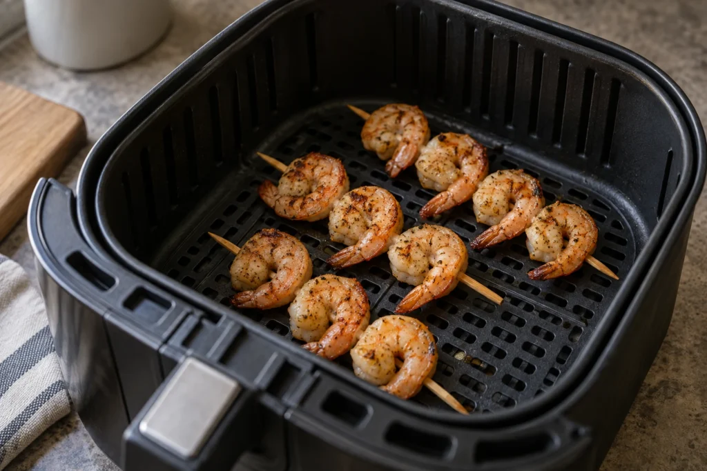 Short shrimp skewers spaced inside an air fryer basket