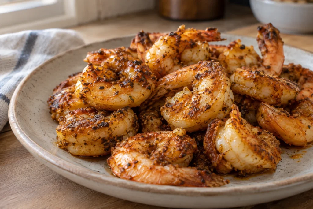 Juicy opaque shrimp with browned tikka-spiced edges in close view