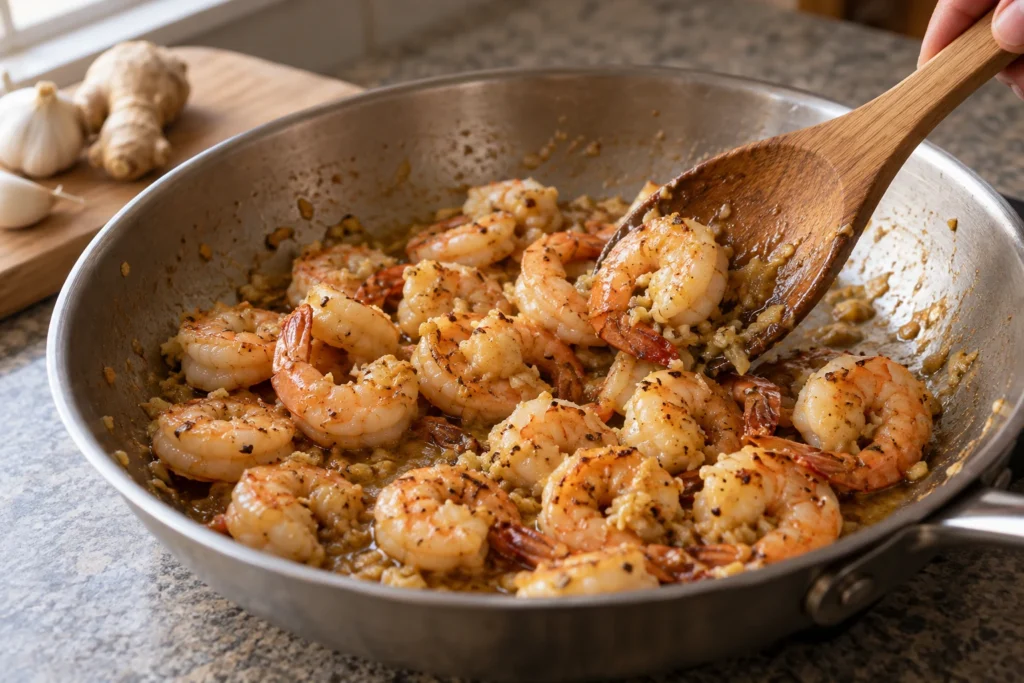 Shrimp tossed in a thin ginger-garlic butter and spice coating